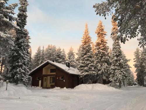 eine Hütte im Schnee mit schneebedeckten Bäumen in der Unterkunft Immelmökit in Levi