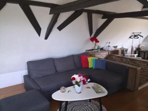 a living room with a blue couch and a table at De WitteZwaan in Harlingen