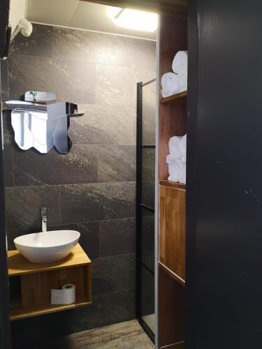 a bathroom with a sink and a glass shower at De WitteZwaan in Harlingen
