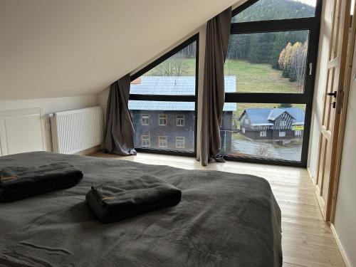 een slaapkamer met een groot bed met een groot raam bij Harrachovský Chalet u sjezdovky 