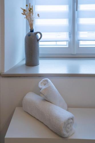 a towel sitting on a shelf next to a vase at Les Rives du Château, 90m2, vue sur le canal in Saverne