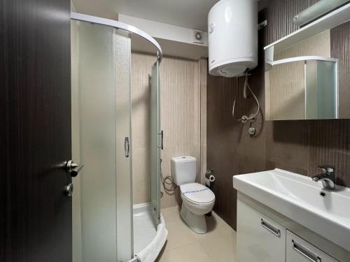 コパオニクにあるApartman Iva Kraljevi Čardaciのシャワー、トイレ、洗面台を備えたバスルーム