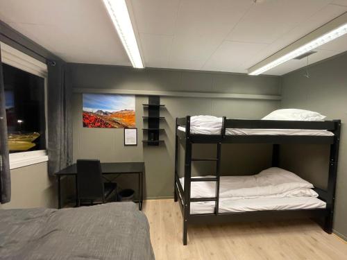 a room with two bunk beds and a desk at Ankenes Romutleie AS in Narvik
