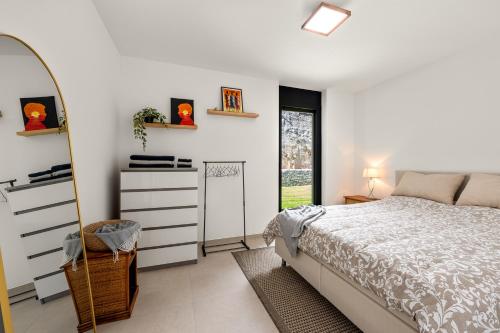 Un dormitorio con una cama, una cómoda y un espejo. en Terrace, Garden & Castle View, en Bellinzona