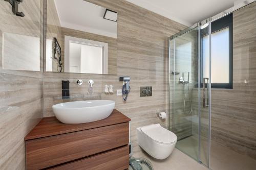 Un baño con lavabo y ducha de cristal. en Terrace, Garden & Castle View, en Bellinzona