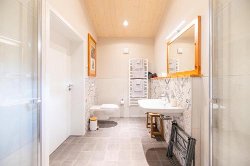 鲁多尔施塔特Ferienhäuser Saalemaxx的带水槽和马桶的浴室