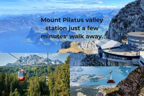 a collage of photos of a valley station just a few minutes walk at Mount Pilatus view Apartment Lucerne with free parking & WIFI in Luzern