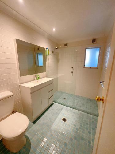 a bathroom with a toilet and a sink and a mirror at Self-contained unit in Wahroonga in Warrawee
