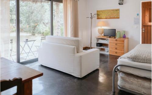 a living room with a white chair and a television at Monte das Mariolas in Castelo de Vide