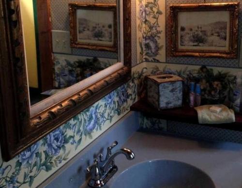 a bathroom with a sink and a mirror at Delightful Guest House Cabin in the Adirondacks in North River