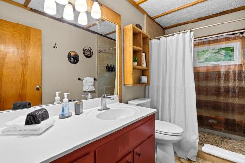 a bathroom with a sink and a toilet at The Elk's Apple Grove, Upper Suite, Real Log Cabin in Maggie Valley