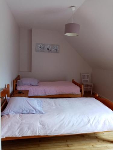 two beds in a bedroom with a attic at Au Beau Gîte in Carentoir
