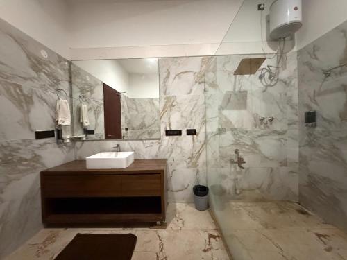 un baño con lavabo y espejo en Champions Ranch, en Bāgalūr