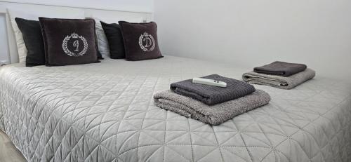 a bed with towels and a remote control on it at Apartamentos playa Romanilla in Roquetas de Mar