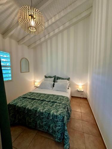 a bedroom with a bed and a chandelier at Domaine De Grande Terre in Saint-François