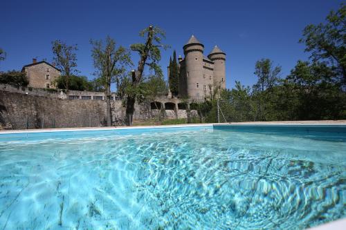 une piscine en face d'un château dans l'établissement Chateau de Lugagnac, à Rivière-sur-Tarn