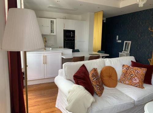 a living room with a white couch with pillows at Appartement Vu Rhône - Vienne Centre in Vienne