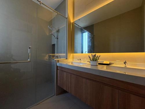 a bathroom with a sink and a shower and a mirror at The Mangrove at Carey Circles 