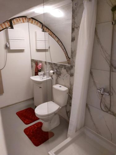 a bathroom with a white toilet and a sink at Ubytovanie Čadca in Čadca