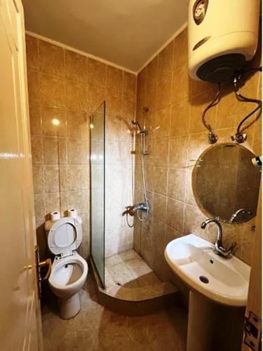 a bathroom with a toilet and a shower and a sink at Kareem Hotel Luxor in Luxor