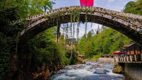 een brug over een rivier waar een trein onderdoor rijdt bij Saffire Doğa Evleri in Güneyköy