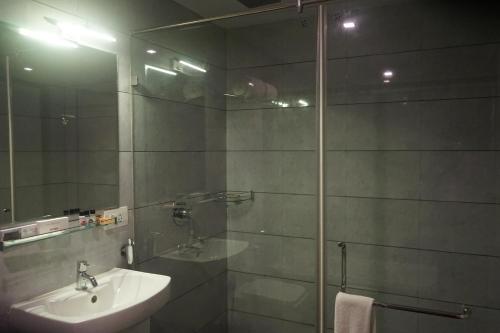 een badkamer met douche, wastafel en spiegel bij Hotel Brahmani in Jajpur Road