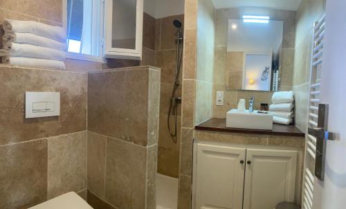 a bathroom with a shower and a toilet and a sink at Mas des Rièges & Spa in Saintes-Maries-de-la-Mer