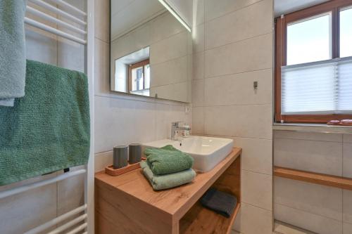 a bathroom with a sink and a mirror at Schmölz Robert in Rieden am Forggensee