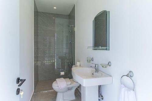 a bathroom with a sink and a toilet and a shower at GlassHaus Rooftop 2-BR W Pool & Terrace in Ghazir in Admā