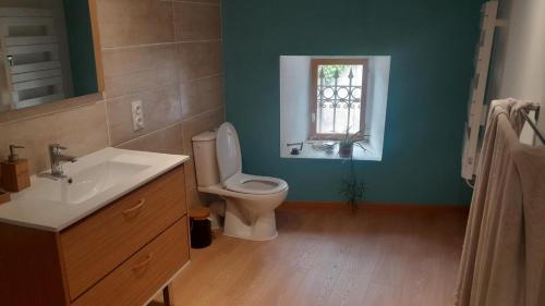 a bathroom with a toilet and a sink and a window at La commanderie in Homps