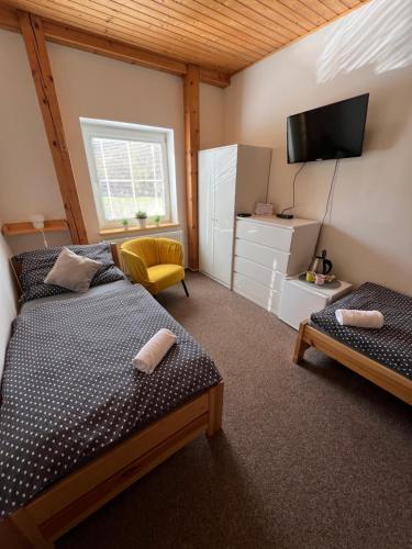 a bedroom with two beds and a tv on the wall at Relax Centrum Gól in Loučná nad Desnou