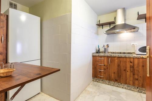 cocina con encimera de madera y nevera en Francos Cathedral, en Sevilla