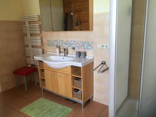 a bathroom with a sink and a shower at Ferienwohnung Ferienzimmer,nahe Rostock, Bentwisch Ot Albertsdorf bis 7 Personen in Bentwisch