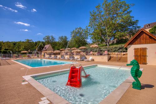 ein Pool mit Rutsche und einer Spielzeug-Eidechse im Wasser in der Unterkunft GITE LES PIERRES CHAUDES in Veyrignac
