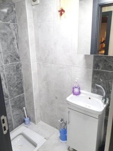 a bathroom with a toilet and a sink and a shower at Şehrin Ortasında Uygun ve Aile İçin Apart in Sivas