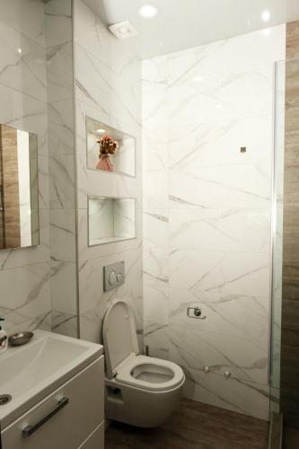 a white bathroom with a toilet and a sink at HD Didveli Apartment in Bakuriani
