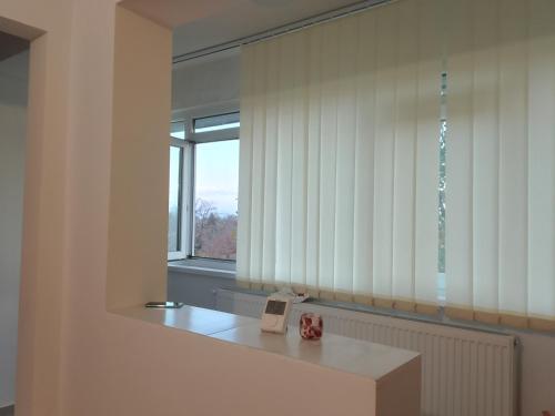 a room with a window and a table with a book at Apartament Milcov in Galaţi