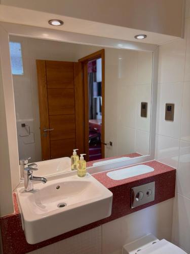 a bathroom with a sink and a mirror and a toilet at ICON Hotel in Luton