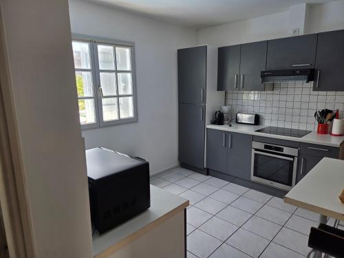 a kitchen with gray cabinets and a television on a counter at Appart Cocotiers in La Saline les Bains