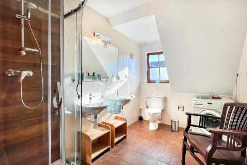 ヴルフラビーにあるCHALUPA Honzík - VILLA Vrchlabíのシャワー、洗面台、トイレ付きのバスルーム