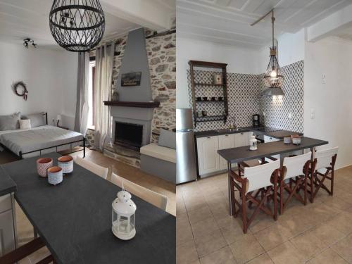 two pictures of a kitchen and a living room at Charming Apartments in Trikeri Village in Tríkeri