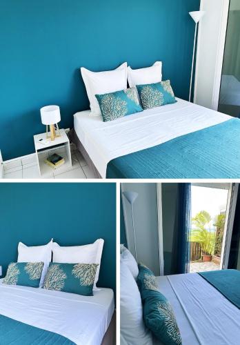 three pictures of a blue room with two beds at L'écrin des Salines, votre escale tropicale in Le Gosier