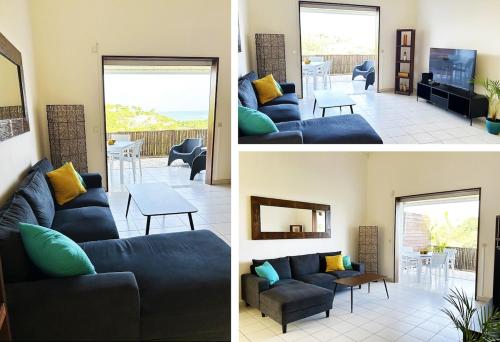 two pictures of a living room with a blue couch at L'écrin des Salines, votre escale tropicale in Le Gosier