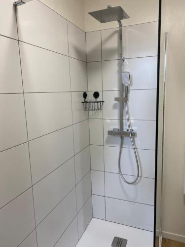 a shower with a shower head in a bathroom at Charming House in Beauvais in Beauvais