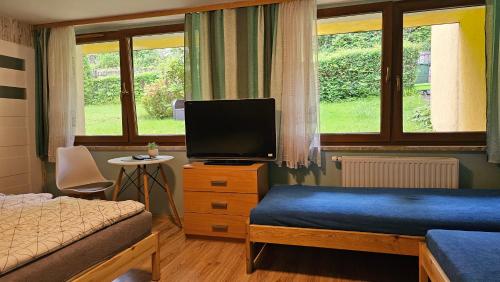 Un dormitorio con una cama y un televisor y ventanas. en Willa Słoneczko, en Duszniki-Zdrój