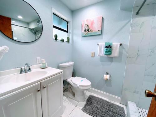 Un baño con inodoro, lavabo y espejo. en Pumba's Place - Fun, Lake, Pool- No Cleaning Fees!, en Castle Hill