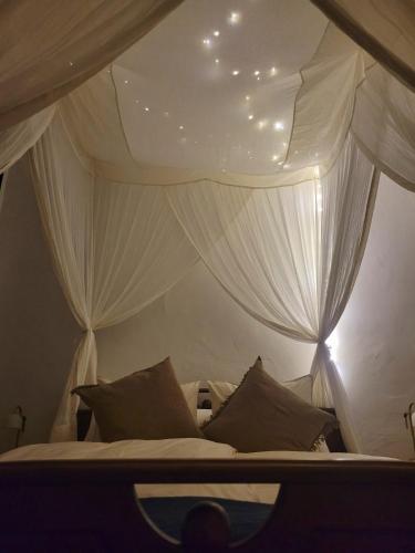 a bedroom with a bed with white drapes at Charmante Altbauwohnung in Steyr