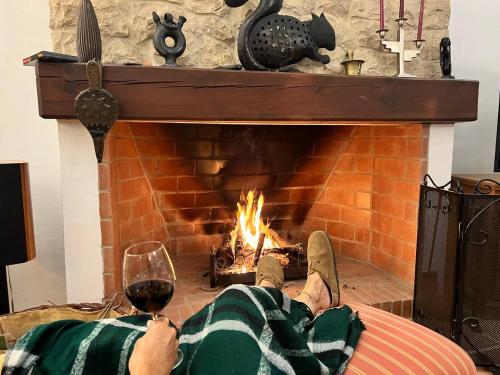 a person holding a glass of wine next to a fireplace at Courela da Azinheira - Country Guesthouse in Lavre