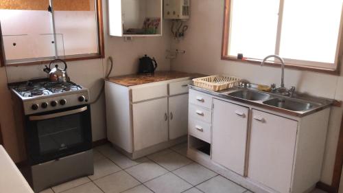 a small kitchen with a stove and a sink at Cabañas Mami Kiki in Panguipulli