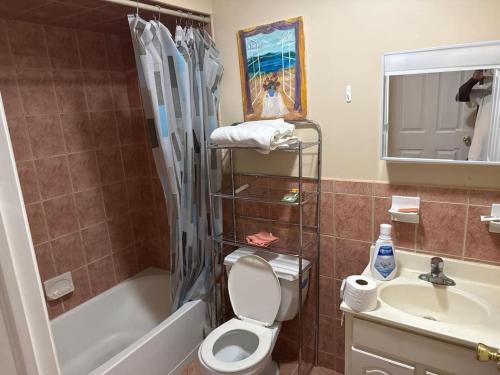 ein Badezimmer mit Toilette und Waschbecken in der Unterkunft 3 Large Bedroom Pool Table Spacious in Hillside